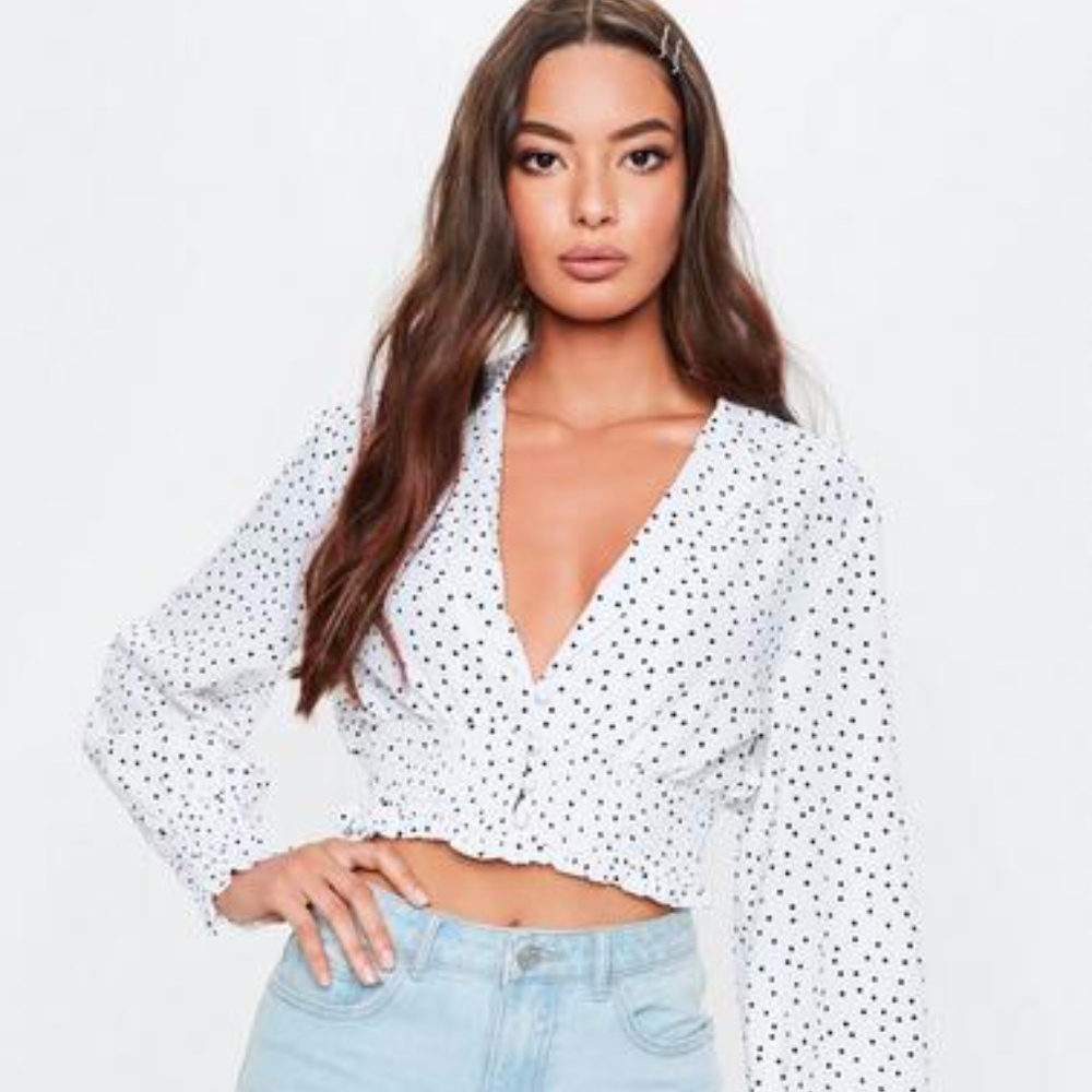 white polka dot lapel crop blouse